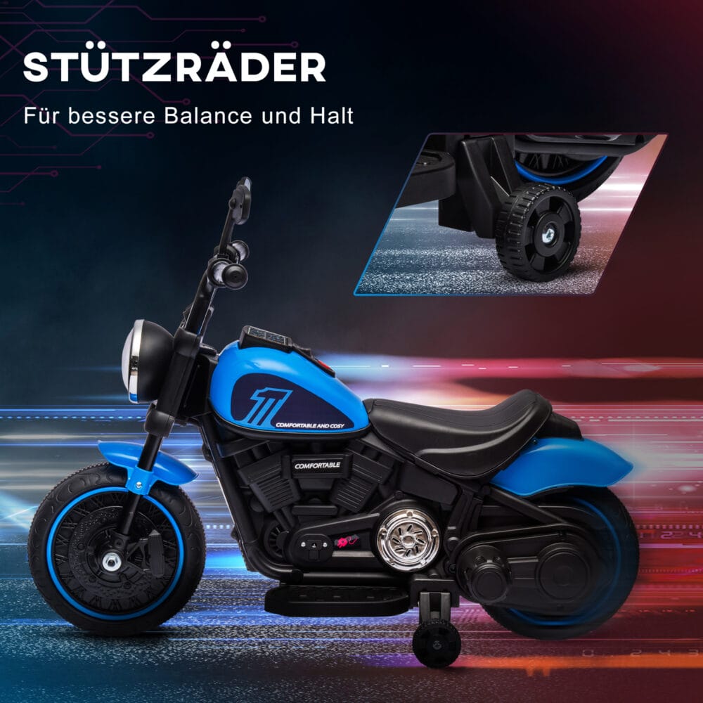 Blaues Elektromotorrad für Kinder von 1.5-3 Jahren, mit Stützrädern und einer Geschwindigkeit von 1.5-3 km/h.