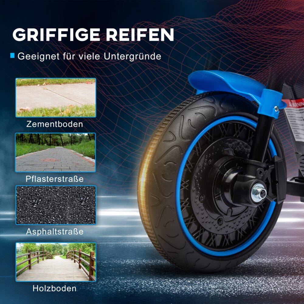 Blaues Elektromotorrad für Kinder von 1.5-3 Jahren, mit Stützrädern und einer Geschwindigkeit von 1.5-3 km/h.