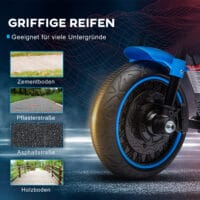 Blaues Elektromotorrad für Kinder von 1.5-3 Jahren, mit Stützrädern und einer Geschwindigkeit von 1.5-3 km/h.