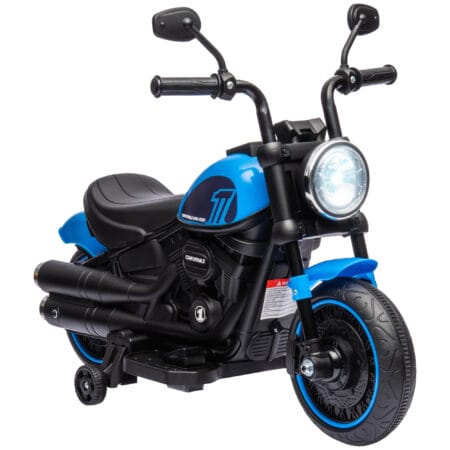 Blaues Elektromotorrad für Kinder von 1.5-3 Jahren, mit Stützrädern und einer Geschwindigkeit von 1.5-3 km/h.