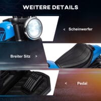Blaues Elektromotorrad für Kinder von 1.5-3 Jahren, mit Stützrädern und einer Geschwindigkeit von 1.5-3 km/h.