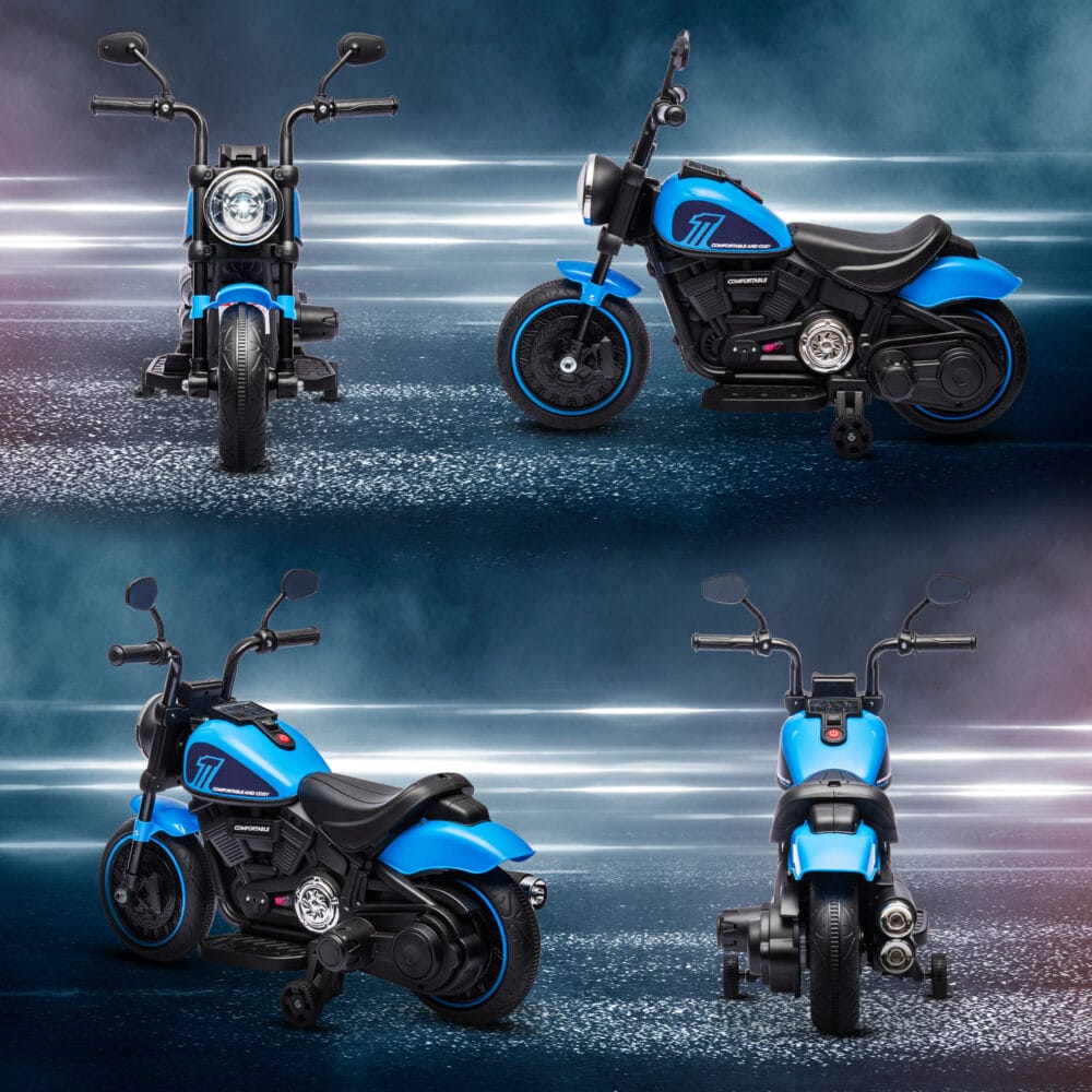 Blaues Elektromotorrad für Kinder von 1.5-3 Jahren, mit Stützrädern und einer Geschwindigkeit von 1.5-3 km/h.
