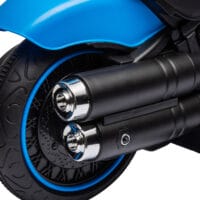 Blaues Elektromotorrad für Kinder von 1.5-3 Jahren, mit Stützrädern und einer Geschwindigkeit von 1.5-3 km/h.