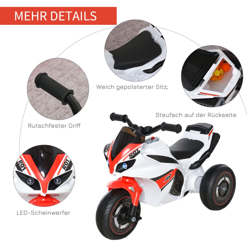 Weisses Kindermotorrad als Rutscherfahrzeug mit Musikfunktion, speziell für Kleinkinder. Es fördert Gleichgewicht und Koordination beim Spielen.