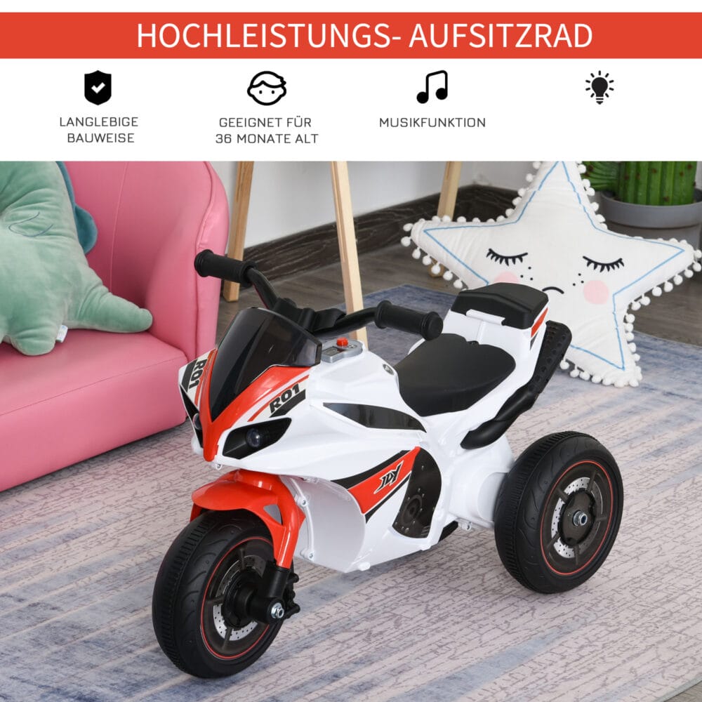 Weisses Kindermotorrad als Rutscherfahrzeug mit Musikfunktion, speziell für Kleinkinder. Es fördert Gleichgewicht und Koordination beim Spielen.