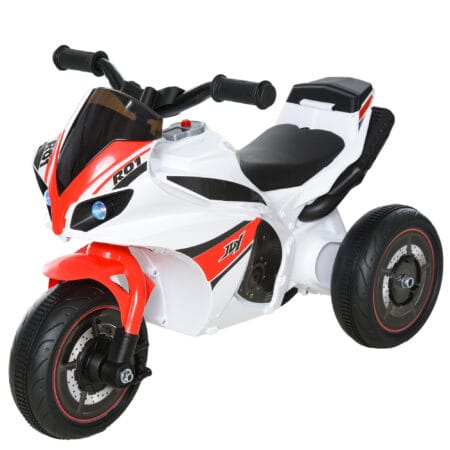 Weisses Kindermotorrad als Rutscherfahrzeug mit Musikfunktion, speziell für Kleinkinder. Es fördert Gleichgewicht und Koordination beim Spielen.