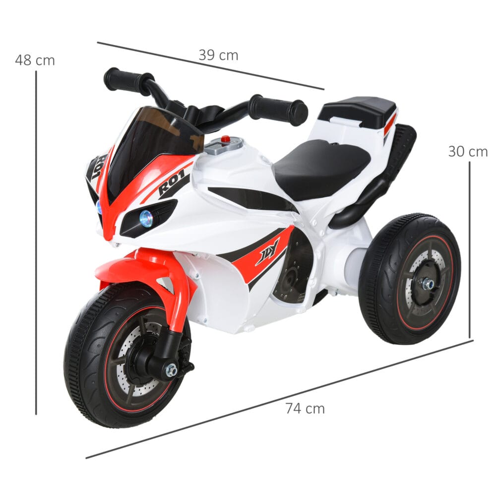 Weisses Kindermotorrad als Rutscherfahrzeug mit Musikfunktion, speziell für Kleinkinder. Es fördert Gleichgewicht und Koordination beim Spielen.