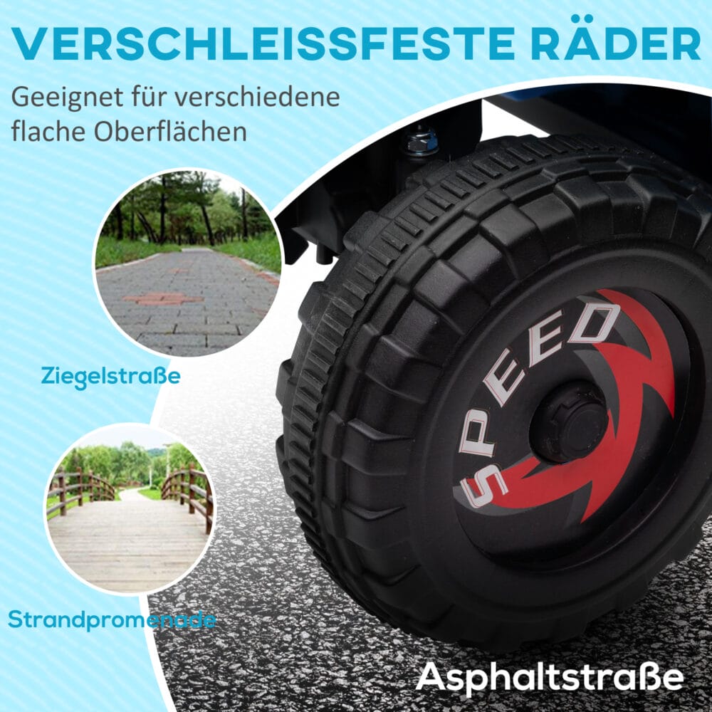Blaues 6V Elektro-Quad für Kinder von 1.5-3 Jahren, erreicht eine Geschwindigkeit von 2.5 km/h.