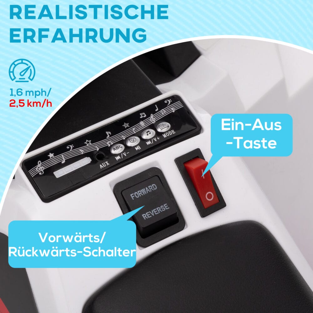 Weisses 6V Elektro-Quad für Kinder von 1.5-3 Jahren, erreicht eine Geschwindigkeit von 2.5 km/h.