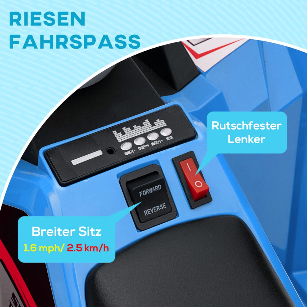 Blaues 6V Elektro-Quad für Kinder von 1.5-3 Jahren, inklusive abnehmbarem Anhänger für kleine Transporte.