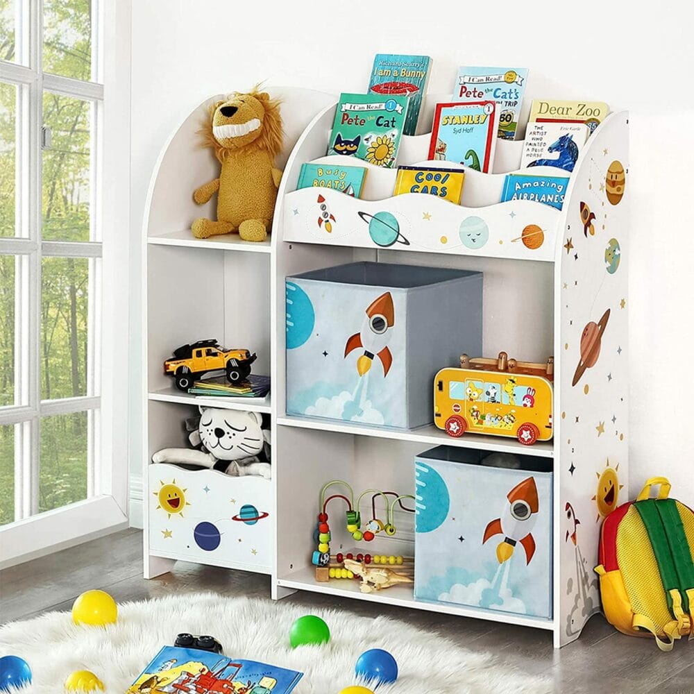 Kinderregal Spielzeugregal mit hoher Kapazität, 2 Boxen, Holz Weiss