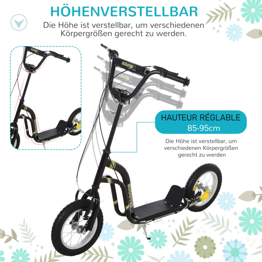 Schwarzer 12 Zoll Kinderroller, höhenverstellbar für wachsende Kinder, perfekt für den Übergang zum Fahrrad.