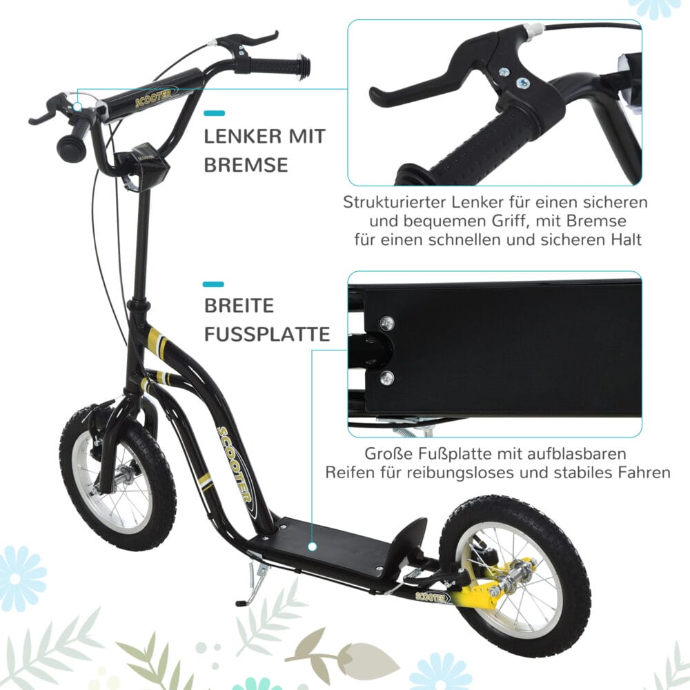 Schwarzer 12 Zoll Kinderroller, höhenverstellbar für wachsende Kinder, perfekt für den Übergang zum Fahrrad.