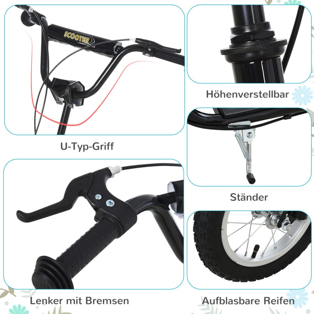 Schwarzer 12 Zoll Kinderroller, höhenverstellbar für wachsende Kinder, perfekt für den Übergang zum Fahrrad.