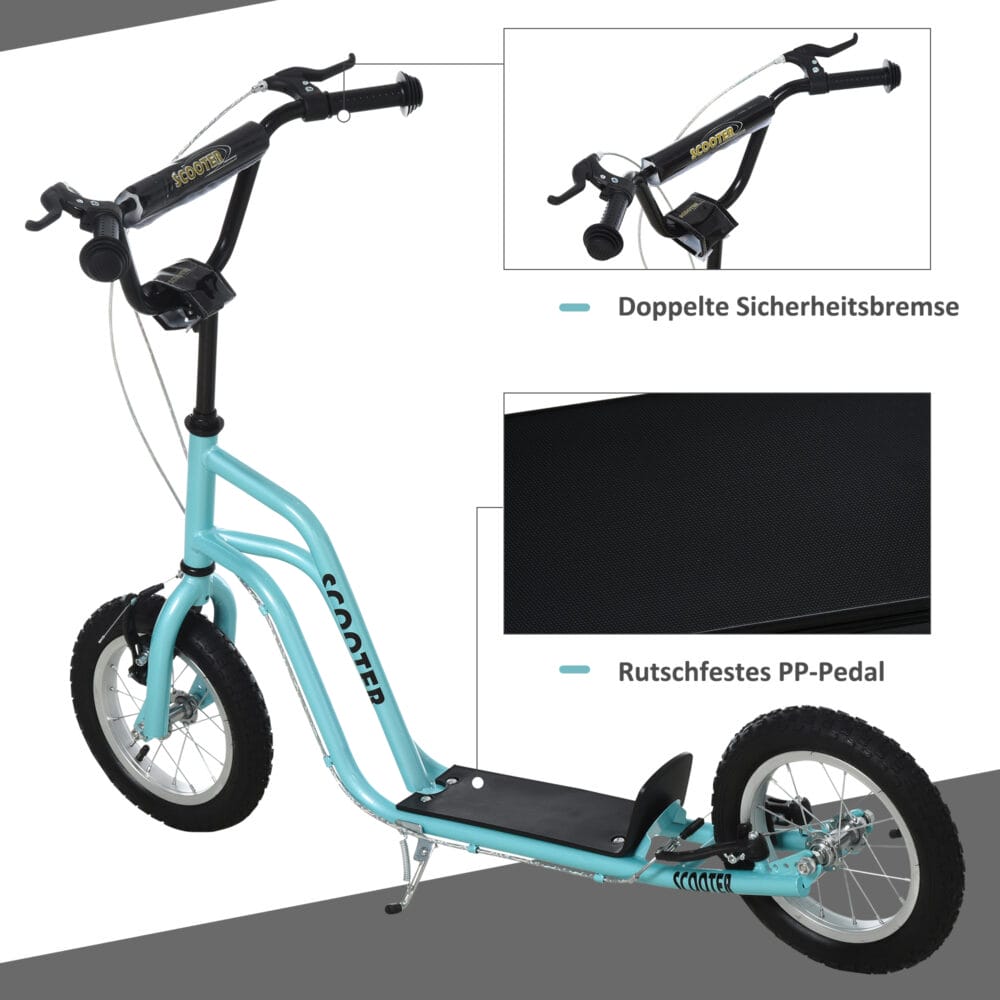 Blauer Kinderroller mit 12 Zoll Luftreifen, ideal für eine sanfte und komfortable Fahrt.