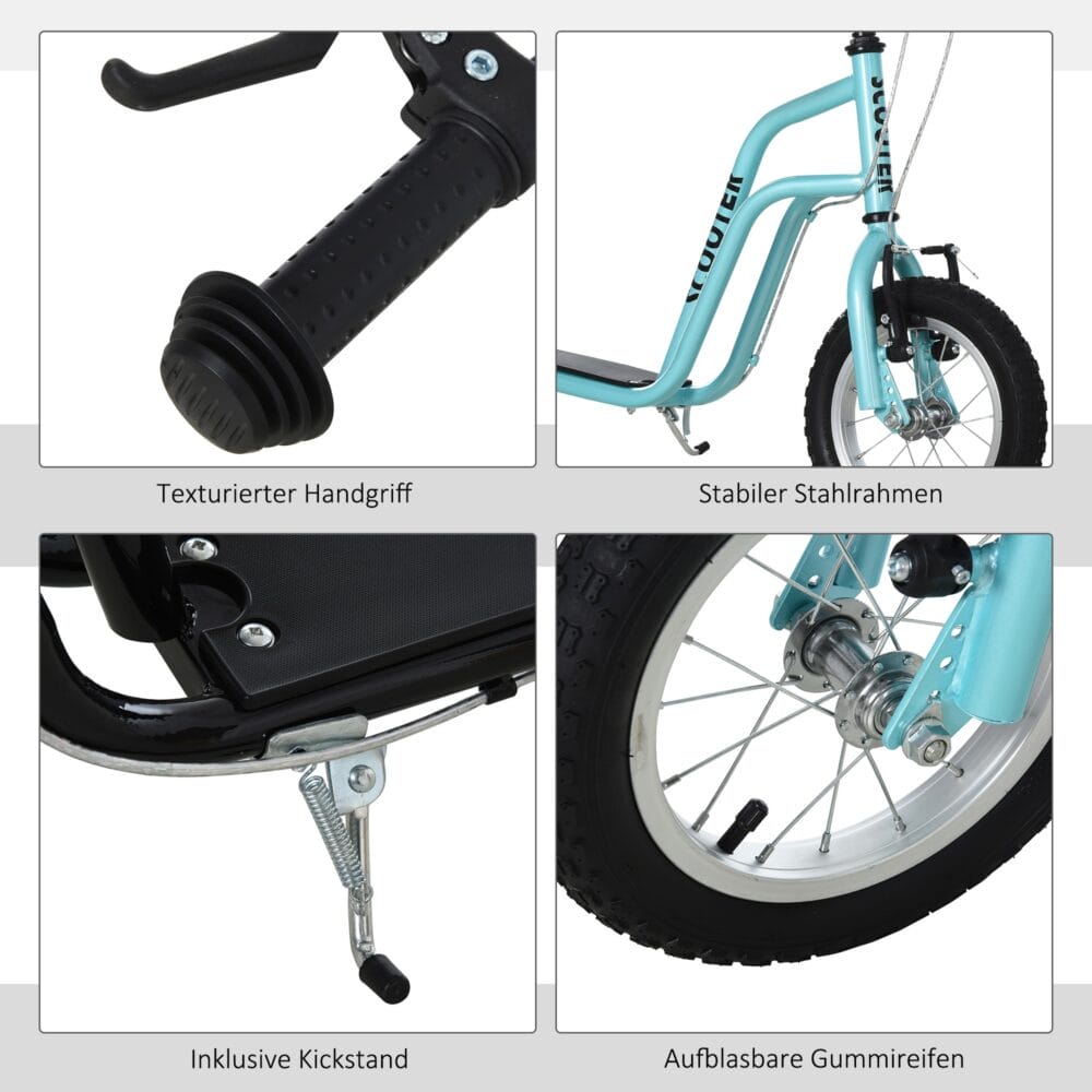 Blauer Kinderroller mit 12 Zoll Luftreifen, ideal für eine sanfte und komfortable Fahrt.
