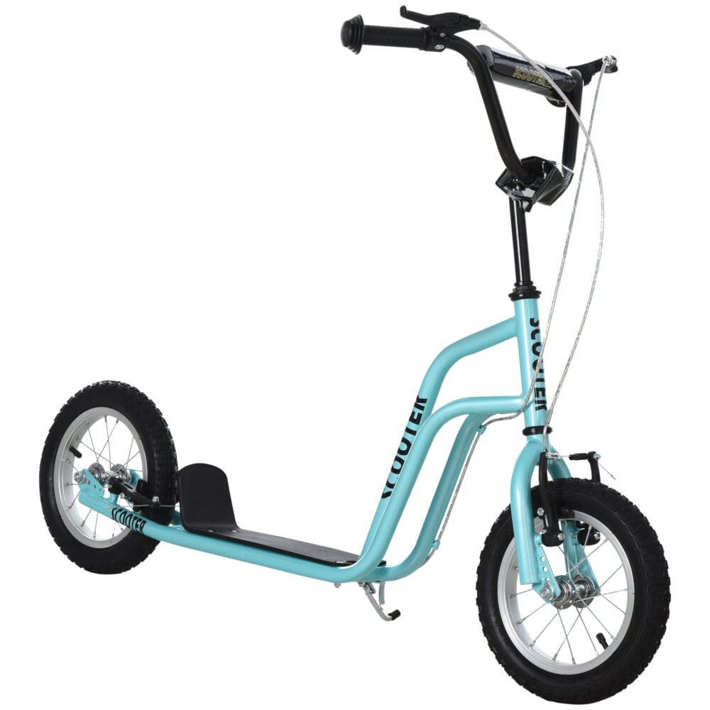 Blauer Kinderroller mit 12 Zoll Luftreifen, ideal für eine sanfte und komfortable Fahrt.