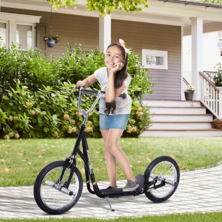 Schwarzer Kinderroller mit 16 Zoll Luftreifen, ideal für ältere Kinder und längere Fahrten.