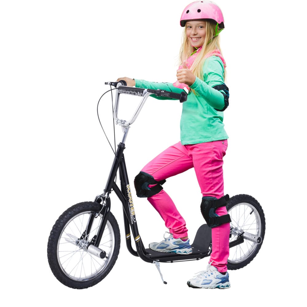 Schwarzer Kinderroller mit 16 Zoll Luftreifen, ideal für ältere Kinder und längere Fahrten.