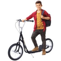 Schwarzer Kinderroller mit 16 Zoll Luftreifen, ideal für ältere Kinder und längere Fahrten.