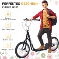 Schwarzer Kinderroller mit 16 Zoll Luftreifen, ideal für ältere Kinder und längere Fahrten.