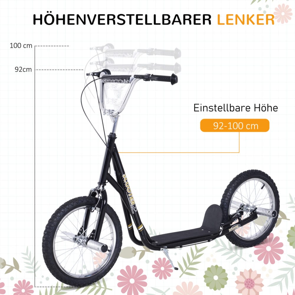 Schwarzer Kinderroller mit 16 Zoll Luftreifen, ideal für ältere Kinder und längere Fahrten.