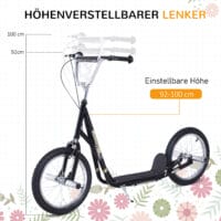 Schwarzer Kinderroller mit 16 Zoll Luftreifen, ideal für ältere Kinder und längere Fahrten.