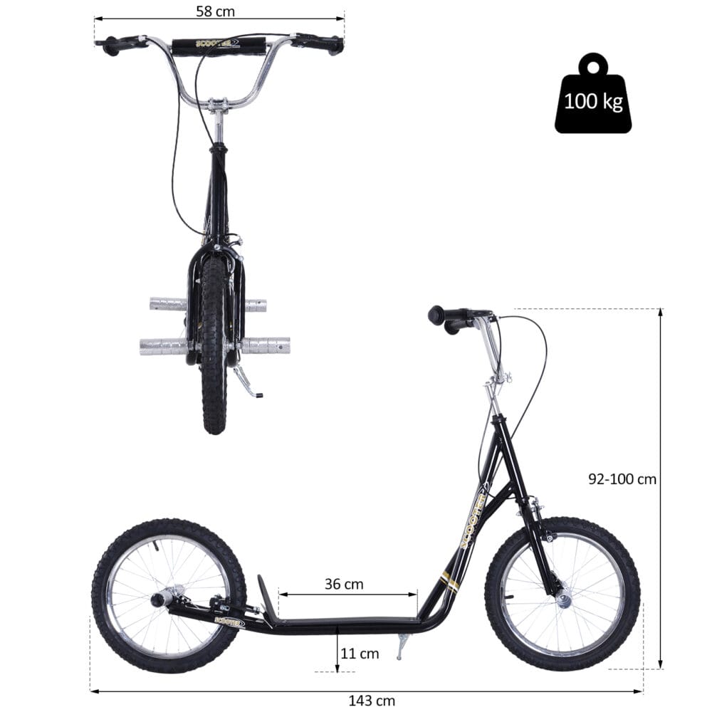 Schwarzer Kinderroller mit 16 Zoll Luftreifen, ideal für ältere Kinder und längere Fahrten.