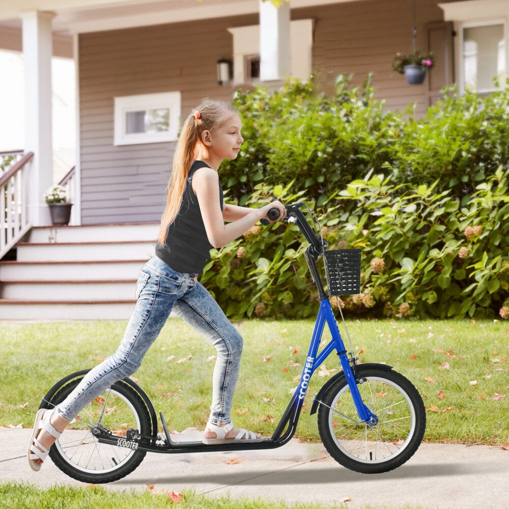 Blauer Kinderroller mit Bremse, höhenverstellbar für Sicherheit und Komfort.
