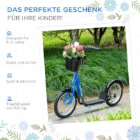 Blauer Kinderroller mit Bremse, höhenverstellbar für Sicherheit und Komfort.