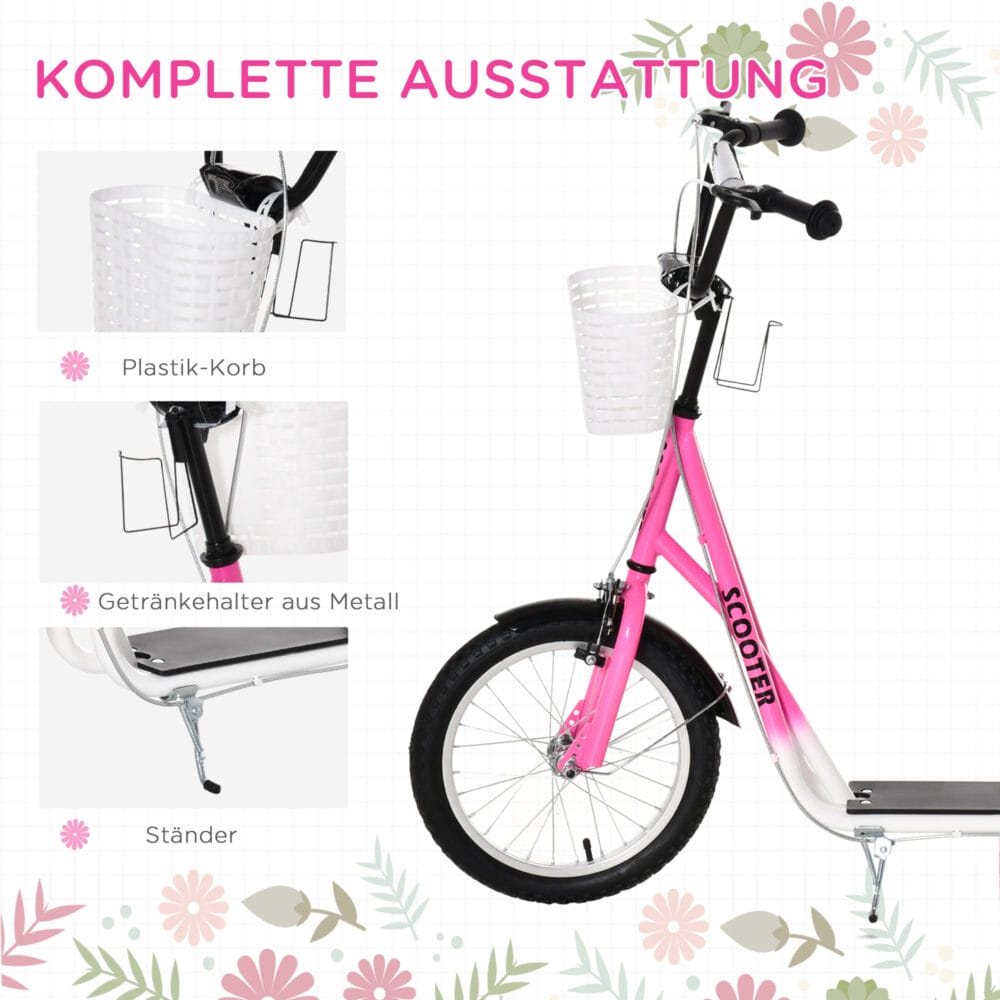 Rosa Kinderroller mit Bremse, höhenverstellbar für kleine Fahrerinnen.