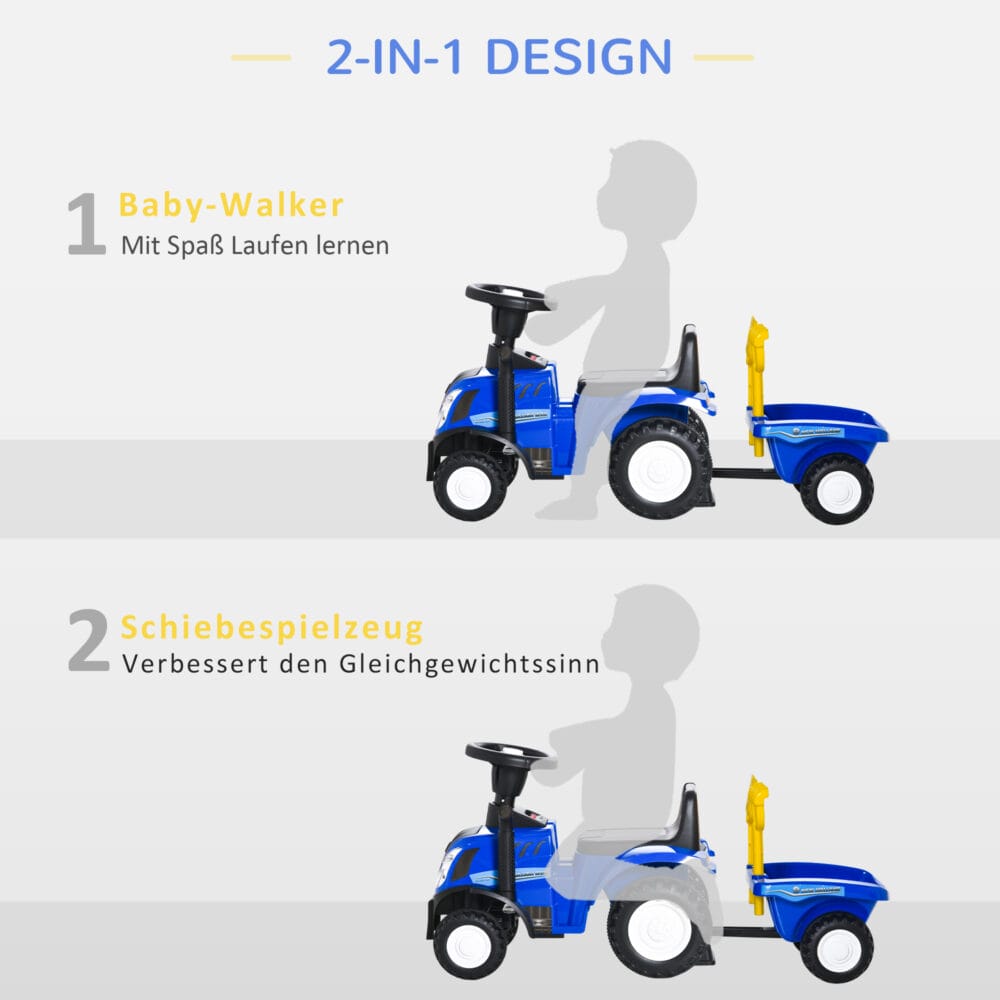 Blaues Kinderrutschauto mit Hupe, ein einfaches und spassiges Kinderfahrzeug für die ersten Fahrversuche.