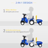 Blaues Kinderrutschauto mit Hupe, ein einfaches und spassiges Kinderfahrzeug für die ersten Fahrversuche.