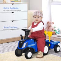Blaues Kinderrutschauto mit Hupe, ein einfaches und spassiges Kinderfahrzeug für die ersten Fahrversuche.