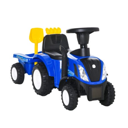 Blaues Kinderrutschauto mit Hupe, ein einfaches und spassiges Kinderfahrzeug für die ersten Fahrversuche.