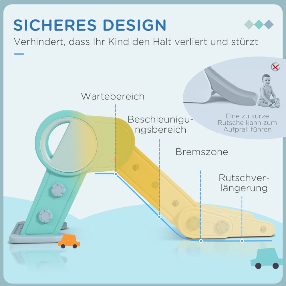Grün-weisse klappbare Kinderrutsche, die als Spielturm dient und sicher sowohl drinnen als auch draussen verwendet werden kann. Sie bietet Rutschvergnügen und fördert die Bewegung.