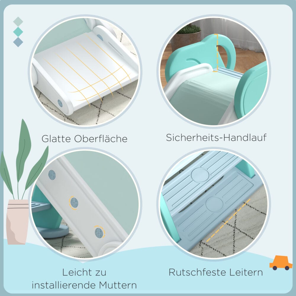 Grün-weisse klappbare Kinderrutsche, die als Spielturm dient und sicher sowohl drinnen als auch draussen verwendet werden kann. Sie bietet Rutschvergnügen und fördert die Bewegung.