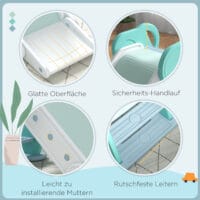 Grün-weisse klappbare Kinderrutsche, die als Spielturm dient und sicher sowohl drinnen als auch draussen verwendet werden kann. Sie bietet Rutschvergnügen und fördert die Bewegung.