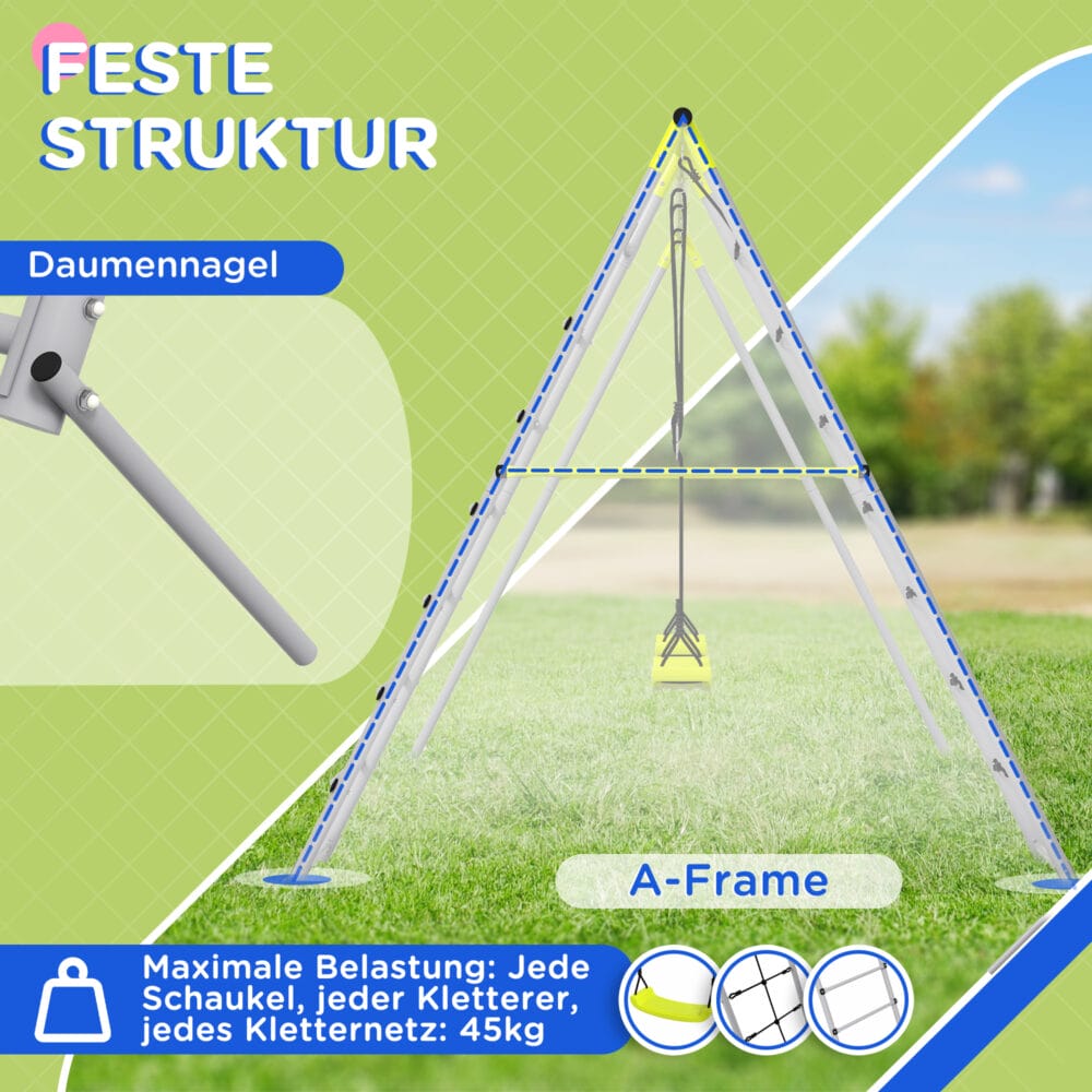 Grünes 2-in-1 Kinderschaukel-Set aus stabilem Stahl mit integriertem Kletternetz. Es fördert Bewegung und Abenteuer im Garten.