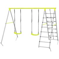 Grünes 2-in-1 Kinderschaukel-Set aus stabilem Stahl mit integriertem Kletternetz. Es fördert Bewegung und Abenteuer im Garten.