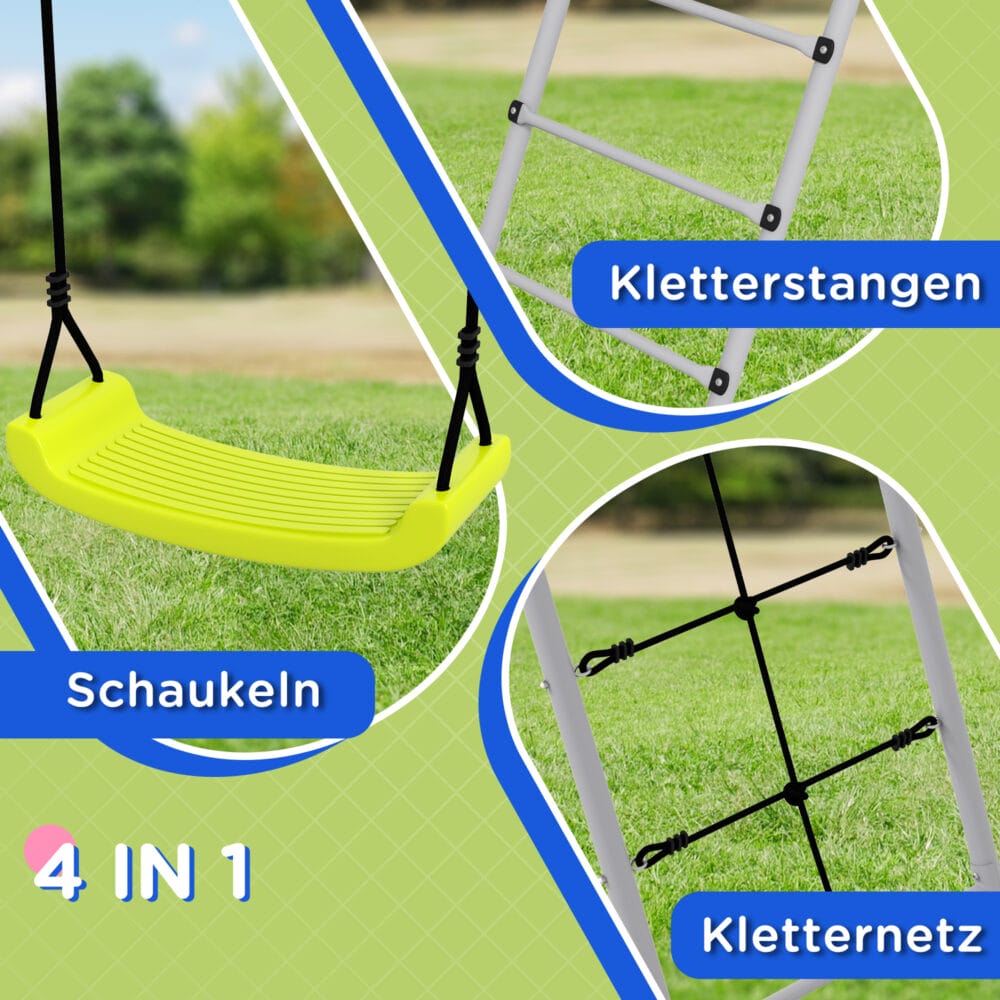 Grünes 2-in-1 Kinderschaukel-Set aus stabilem Stahl mit integriertem Kletternetz. Es fördert Bewegung und Abenteuer im Garten.