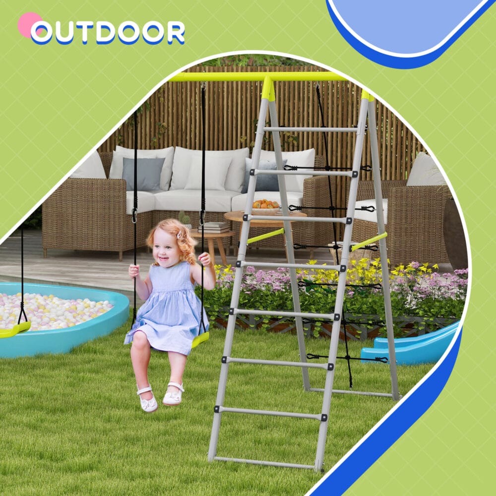 Grünes 2-in-1 Kinderschaukel-Set aus stabilem Stahl mit integriertem Kletternetz. Es fördert Bewegung und Abenteuer im Garten.