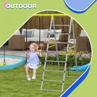 Grünes 2-in-1 Kinderschaukel-Set aus stabilem Stahl mit integriertem Kletternetz. Es fördert Bewegung und Abenteuer im Garten.