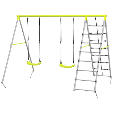 Grünes 2-in-1 Kinderschaukel-Set aus stabilem Stahl mit integriertem Kletternetz. Es fördert Bewegung und Abenteuer im Garten.