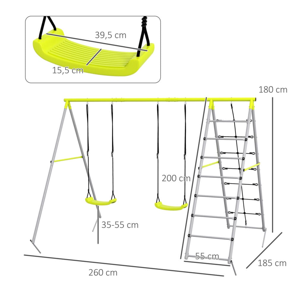 Grünes 2-in-1 Kinderschaukel-Set aus stabilem Stahl mit integriertem Kletternetz. Es fördert Bewegung und Abenteuer im Garten.