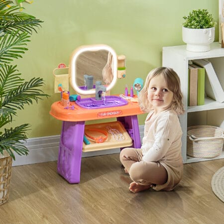 Violetter Kinderschminktisch mit integrierter LED-Beleuchtung und Musikfunktion, ideal für Kinder von 3-6 Jahren. Ein Traum für kleine Prinzessinnen und Stylisten.