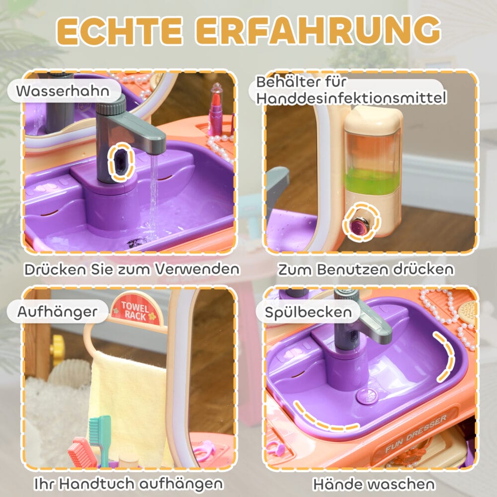 Violetter Kinderschminktisch mit integrierter LED-Beleuchtung und Musikfunktion, ideal für Kinder von 3-6 Jahren. Ein Traum für kleine Prinzessinnen und Stylisten.