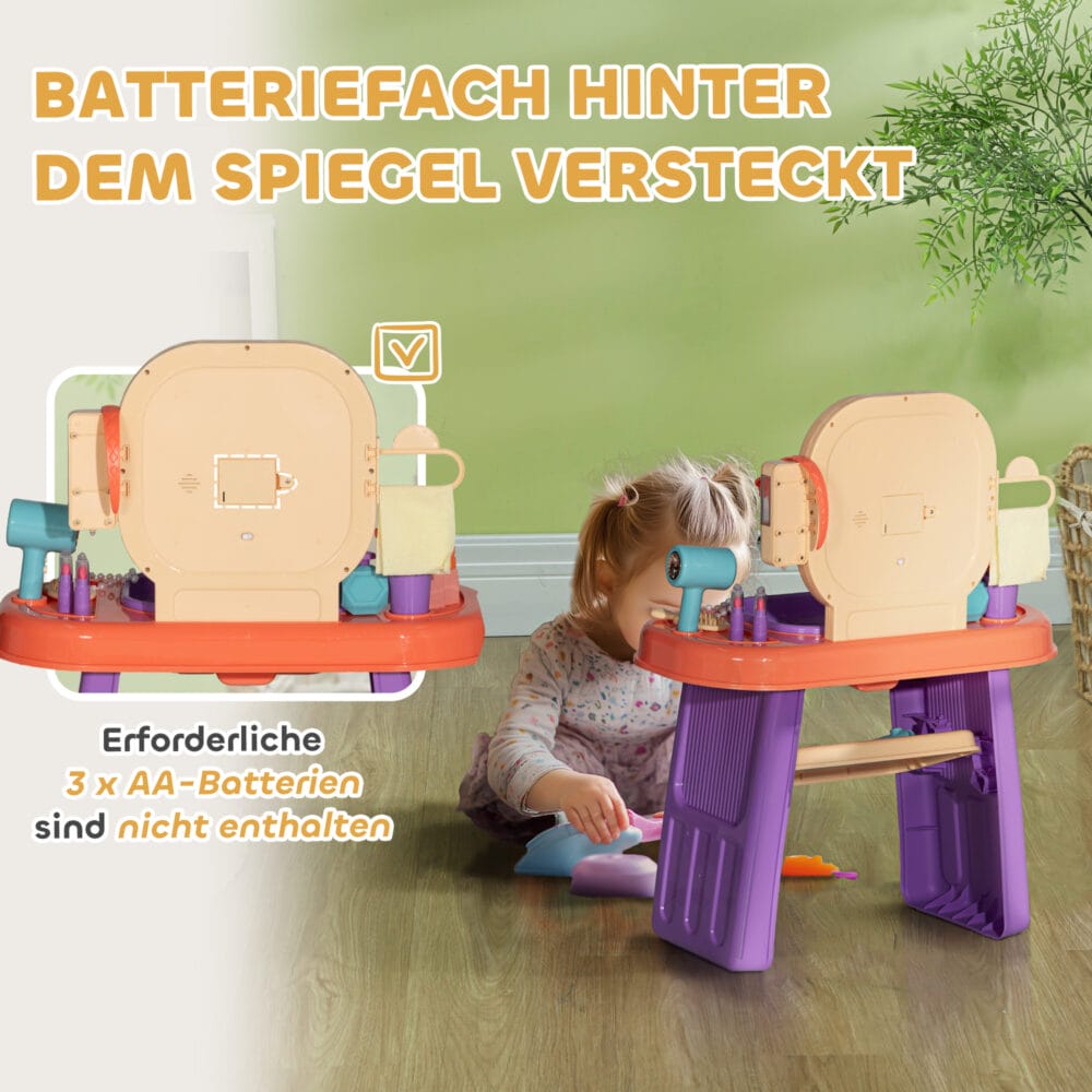 Violetter Kinderschminktisch mit integrierter LED-Beleuchtung und Musikfunktion, ideal für Kinder von 3-6 Jahren. Ein Traum für kleine Prinzessinnen und Stylisten.