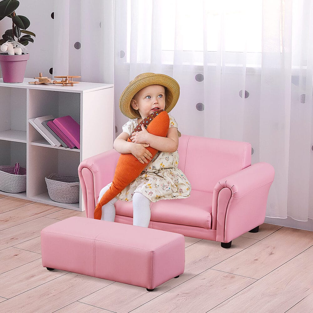 Rosa Kindersessel und Hocker Set, Grösse 83x42x41cm, ideal für das Kinderzimmer zum Spielen und Ausruhen.