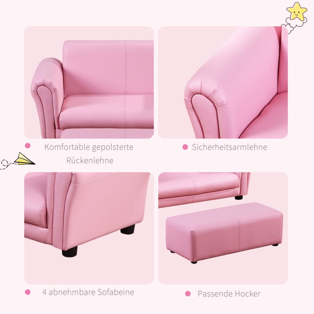 Rosa Kindersessel und Hocker Set, Grösse 83x42x41cm, ideal für das Kinderzimmer zum Spielen und Ausruhen.